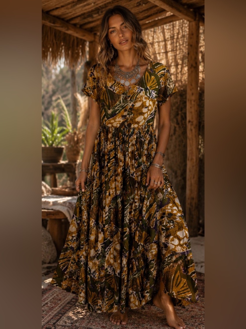 Jane Ashley Mustard Green Floral Tiered Maxi Dress